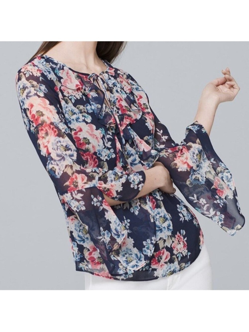 White House Black Market Navy Floral Tie-Neck Bell Sleeve Blouse